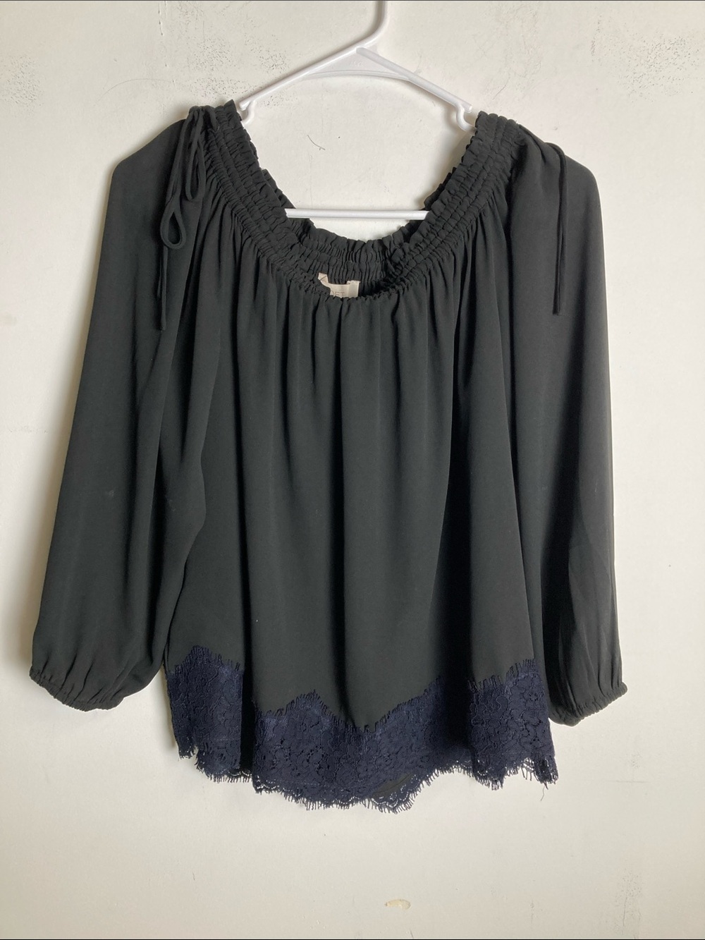 LOFT Black Peasant Blouse with Navy Lace Hem